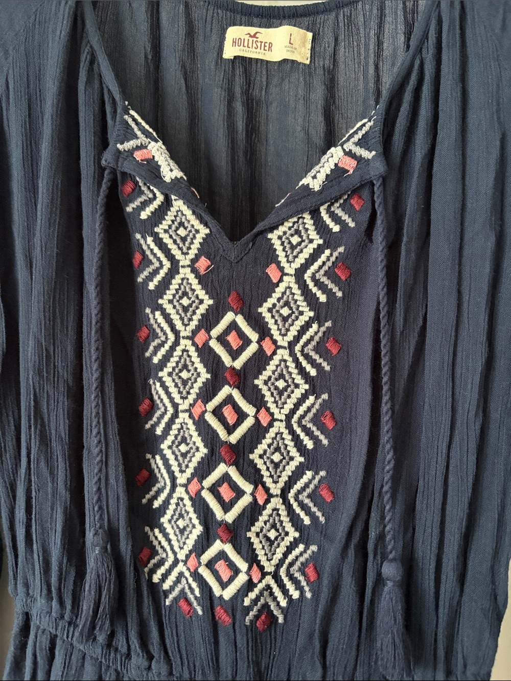 Hollister Boho Embroidered V-Neck Long Sleeve Dress in Navy - Picture 2 of 4
